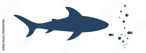 Navy blue shark silhouette small fish bubbles sea ocean life isolated transparent background ( include cut-out PNG file )