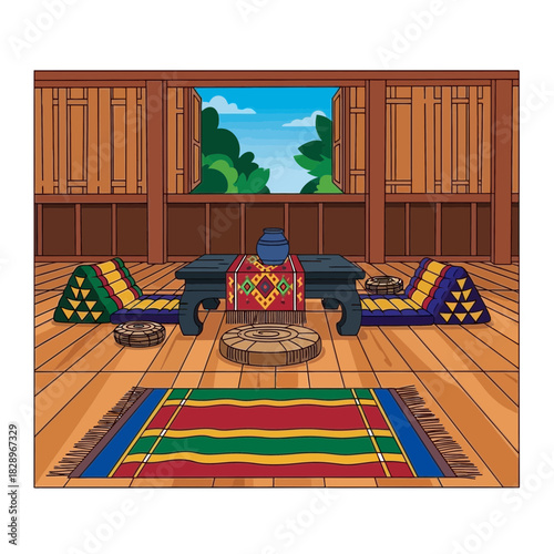 Serene Asian style interior cartoon illustration with cozy seating area