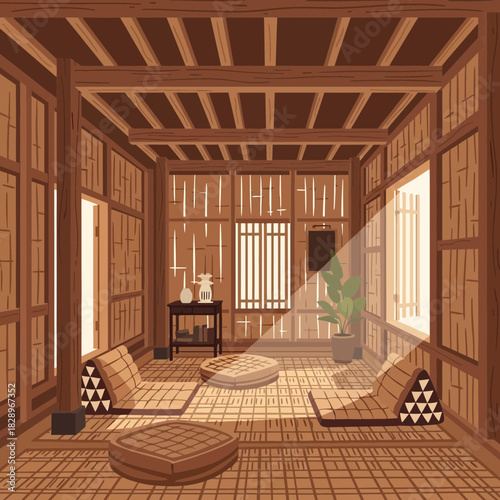 Serene Interior of a Traditional Japanese Room with Natural Light and Tatami Mats