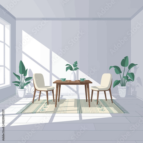 Serene minimalist dining space with natural light and potted plants