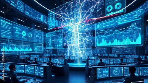 Wide shot of a dark control room with operators monitoring a massive digital display of a glowing city network and data feeds