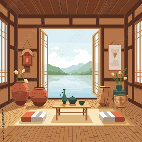 Serene traditional Japanese room interior with tranquil lake view backdrop