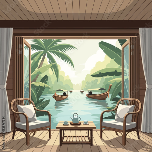 Serene retreat on a tropical river, with rattan furniture and lush greenery