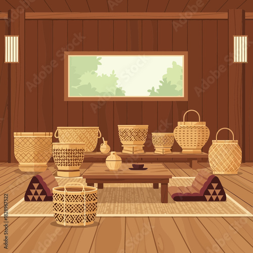 Warm illustration of a cozy interior design with traditional Asian elements