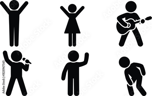 Diverse stick figures celebrating, singing, playing, and greeting