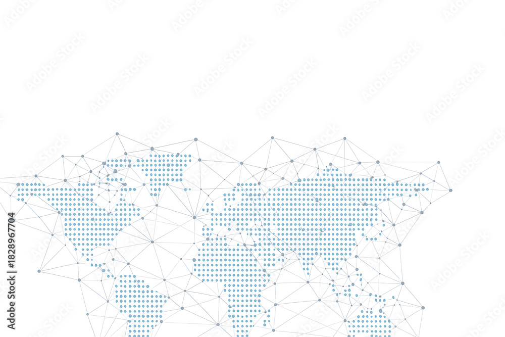 Fototapeta premium Connected dotted world map network on white background for global technology and data communication
