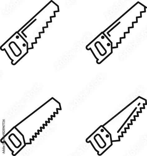 Collection of hand saw icons in simple black and white line art style perfect for construction carpentry and diy projects