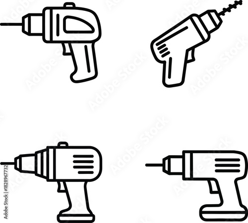 Set of simple black and white drill icons in various poses for construction repair and home improvement projects hand drawn style