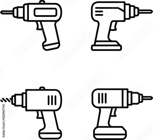 Set of four electric drills in simple black and white line art style ideal for construction or repair projects and design elements
