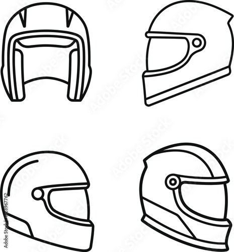 Collection of hand drawn helmet illustrations for motorsports and protective gear designs featuring various styles in a simple black and white outline