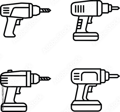Set of drill icons in simple outline style for diy projects and construction representing power tools and home improvement equipment