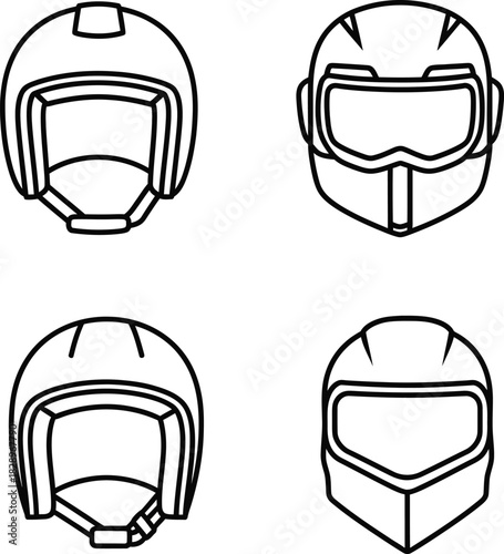Collection of motorcycle helmet outline icons for racing safety and protection gear featuring various styles and designs in a simple vector illustration