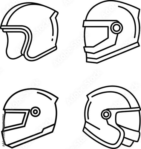 Set of four different motorcycle helmet designs in simple black and white outline style for graphic design and illustration projects