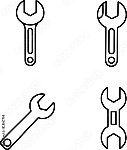 Simple wrench icon set in black and white outlines for repair maintenance and construction related designs and creative projects