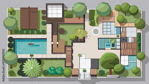 Top View Landscape Cad Design Colourful Plan for Modern Garden, house, courtyard, lawn, cottage of villa, pond, pool. Vector illustration of Cityscape