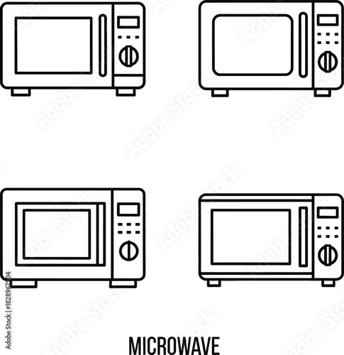 Microwave oven line art collection simple kitchen appliance illustrations for cooking heating and modern home design projects in black and white