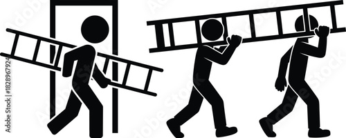 People carrying ladders icon set for construction or moving task