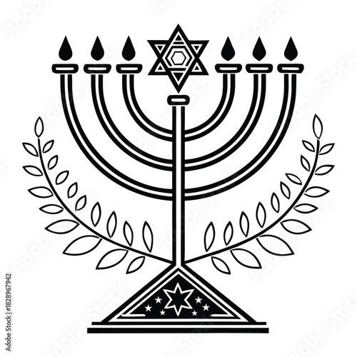 Black and white menorah with Star of David and olive branches hanukkah jewish