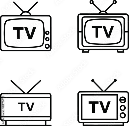 Set of simple hand drawn retro television illustrations in black and white perfect for nostalgic designs and minimalist aesthetic projects