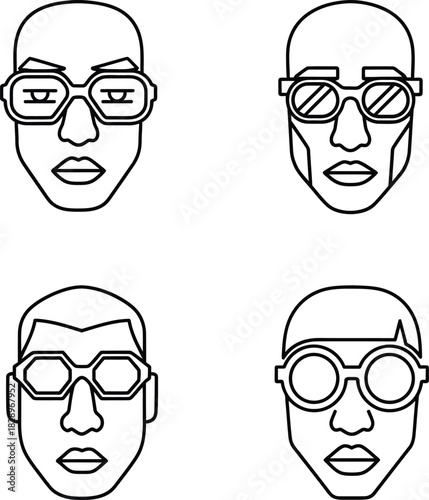Diverse faces with unique eyewear a collection of line art portraits showcasing various styles of glasses and facial features in a minimalist design