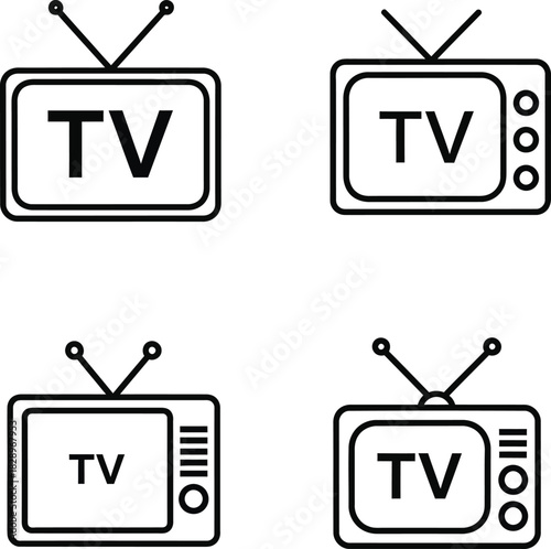A set of four simple and minimalist television icons in black and white perfect for retro technology or media related designs and illustrations