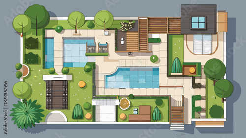 Top View Landscape Cad Design Colourful Plan for Modern Garden, house, courtyard, lawn, cottage of villa, pond, pool. Vector illustration of Cityscape