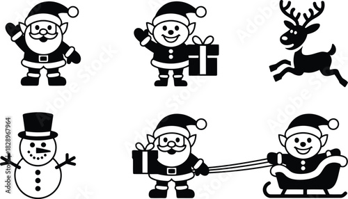 Assorted black and white Christmas icons featuring beloved characters like Santa, elves and a snowman