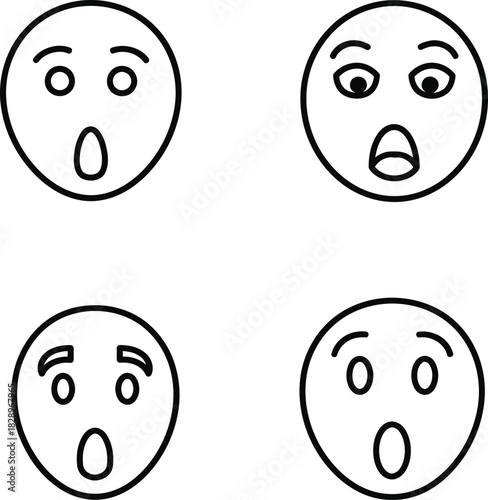 Four simple emoji outlines displaying shock and awe with open mouths and wide eyes on a white background for digital communication