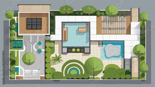 Top View Landscape Cad Design Colourful Plan for Modern Garden, house, courtyard, lawn, cottage of villa, pond, pool. Vector illustration of Cityscape