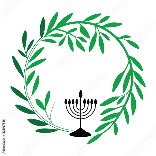 Black menorah with green olive branches forming a wreath hanukkah jewish