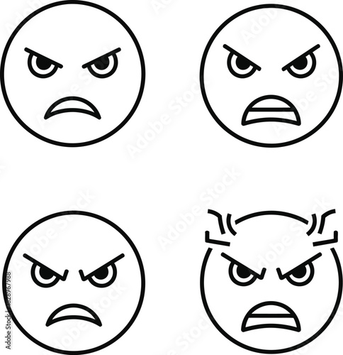 Four angry emoticons in black and white outline style expressing frustration irritation and displeasure in a simple and minimalist design