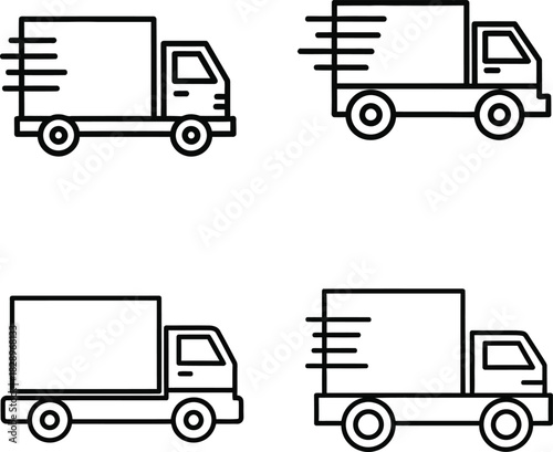 Delivery truck icon set in black outline style representing speed and efficiency in logistics and transportation services isolated on white