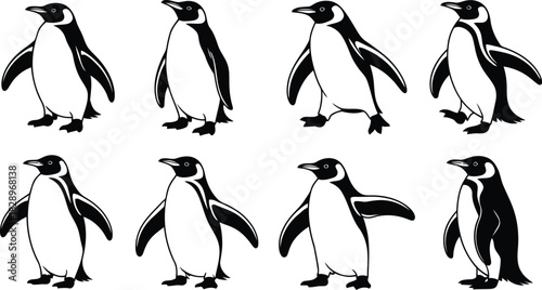 Assortment of eight delightful black and white penguin characters depicted in various standing positions