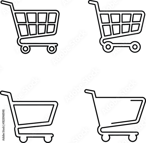 Four shopping cart icons in a hand drawn style representing online shopping retail e commerce and consumerism in a simple and minimalist design