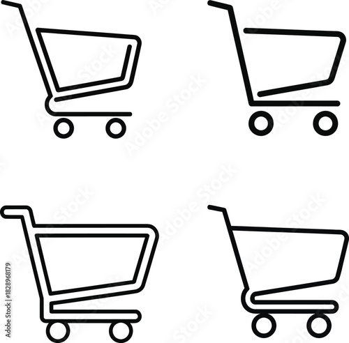Four shopping cart icons in a grid pattern representing online shopping e commerce retail and purchase decisions on a clean white background
