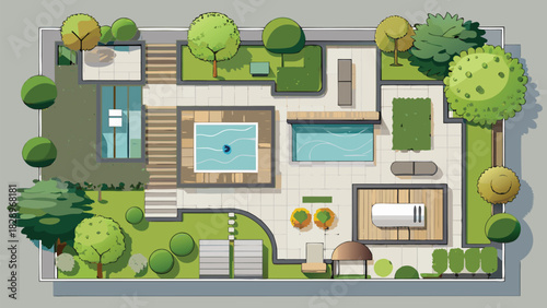 Top View Landscape Cad Design Colourful Plan for Modern Garden, house, courtyard, lawn, cottage of villa, pond, pool. Vector illustration of Cityscape