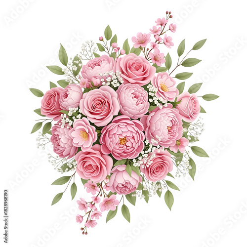 Watercolor bouquet of pink roses and baby s breath on black background