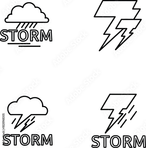 Minimalist storm icons weather symbols depicting rain clouds and lightning bolts in a clean modern line art style for graphic design projects