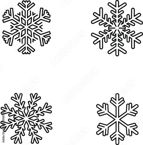 Four hand drawn snowflake illustrations in black and white perfect for winter holiday designs and festive seasonal projects on a white background