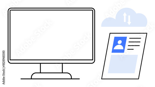 Digital technology concept. A computer monitor, cloud storage, and user profile highlight digital data transfer. Digital solutions streamline storage and secure data transfer. Ideal for IT, cloud