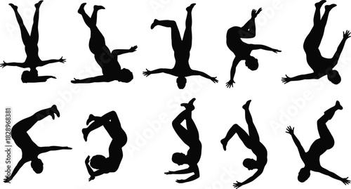 Acrobatic Figure Silhouettes Vector Set, Diverse People Diving, Tumbling, and Falling in Various Dynamic Action Poses
