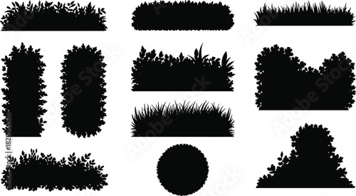 Diverse Bush, Hedge, and Grass Silhouette Vector Set, Greenery for Architectural Landscape Plans, Garden and Park Design Graphics