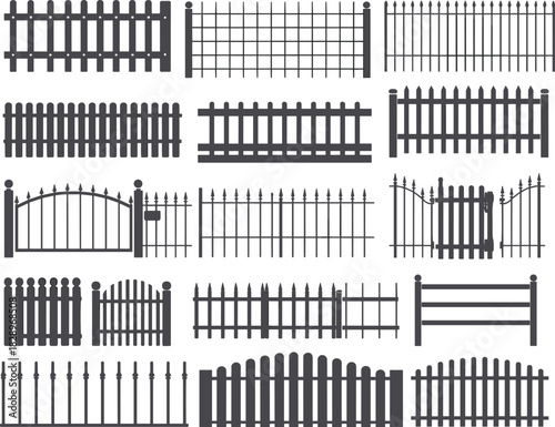 Detailed Fence and Gate Vector Collection, Set of Various Wood and Metal Boundary Barriers for Home and Garden