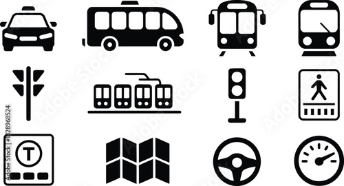 Black and white essential transportation public transit and road journey vector icons collection