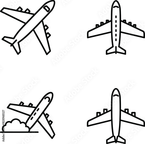 Set of hand drawn airplane icons in various angles perfect for travel transportation and aviation themed designs in black and white