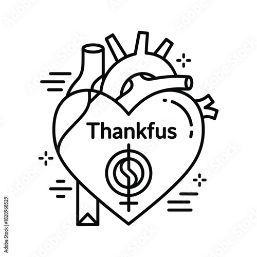 Line art icon of a human heart with thankfus text and female symbol isolated on