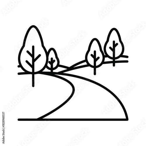 Simple black and white line art icon of a winding road through a landscape with trees