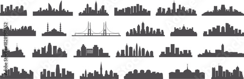 Diverse City Skylines Silhouette Vector Set, Famous Urban Landscapes and Building Clusters for Travel and Architecture