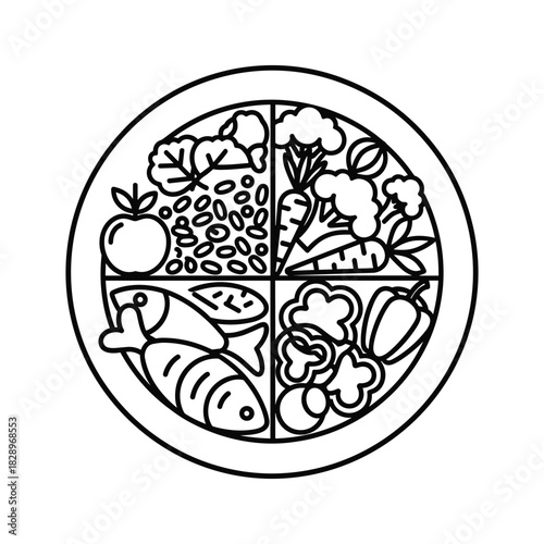 Outline icon of a balanced meal plate divided into four sections for nutrition