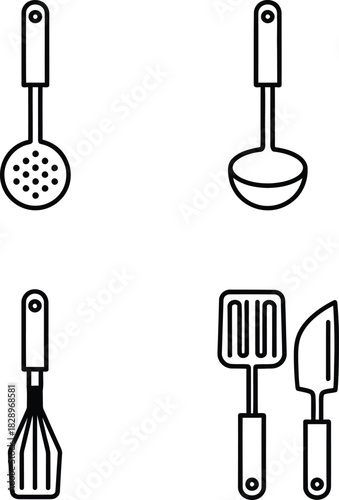 Simple line art illustration of kitchen utensils including a skimmer ladle whisk spatula and scraper for culinary or design projects